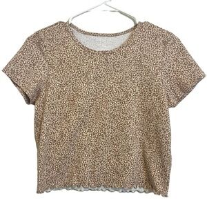 2/$15 American Eagle - Pink and Beige/Brown Animal Print Short Sleeve Crop Top M